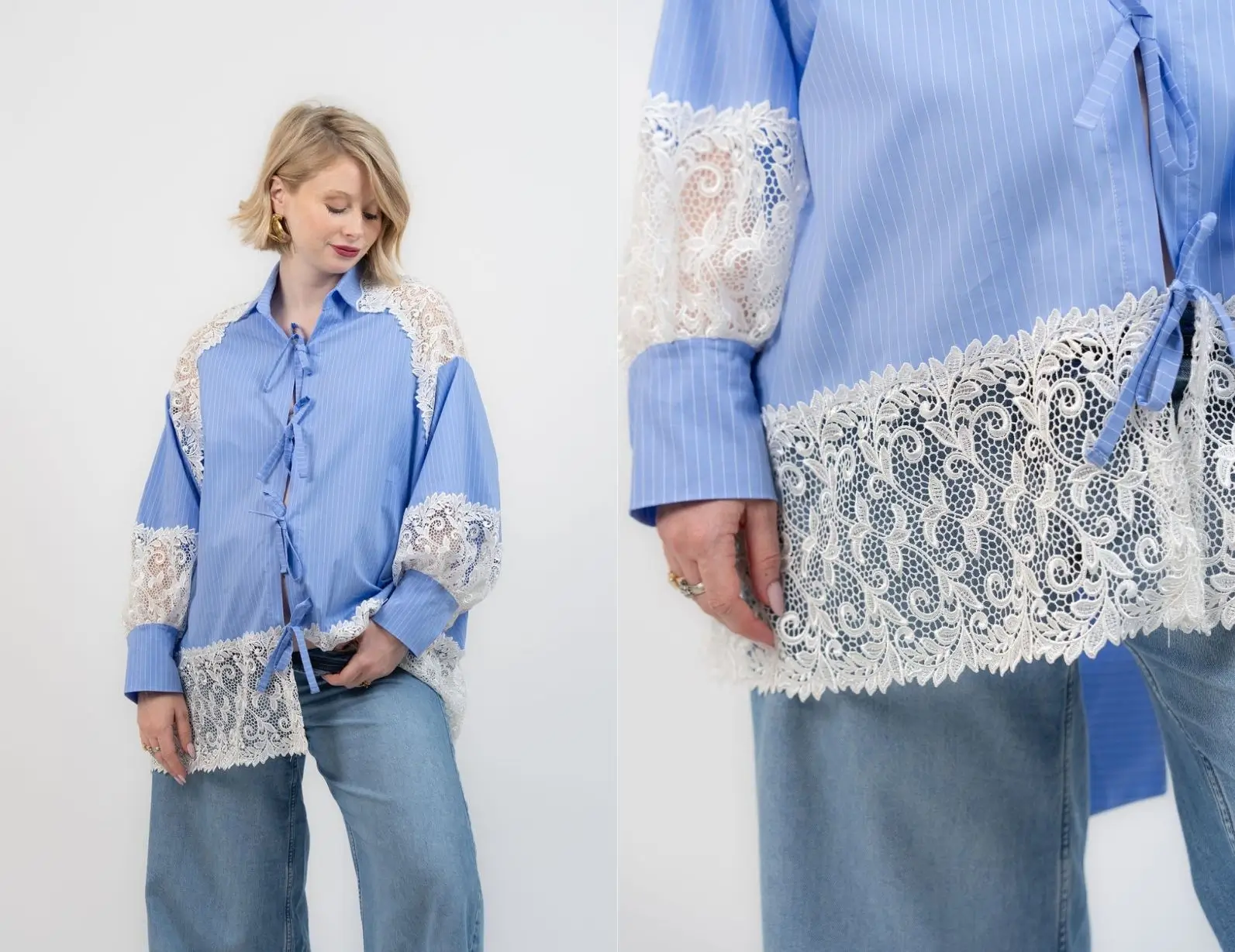 blouse cassiopée working muse bleu clair avec guipure, avec patron + extension